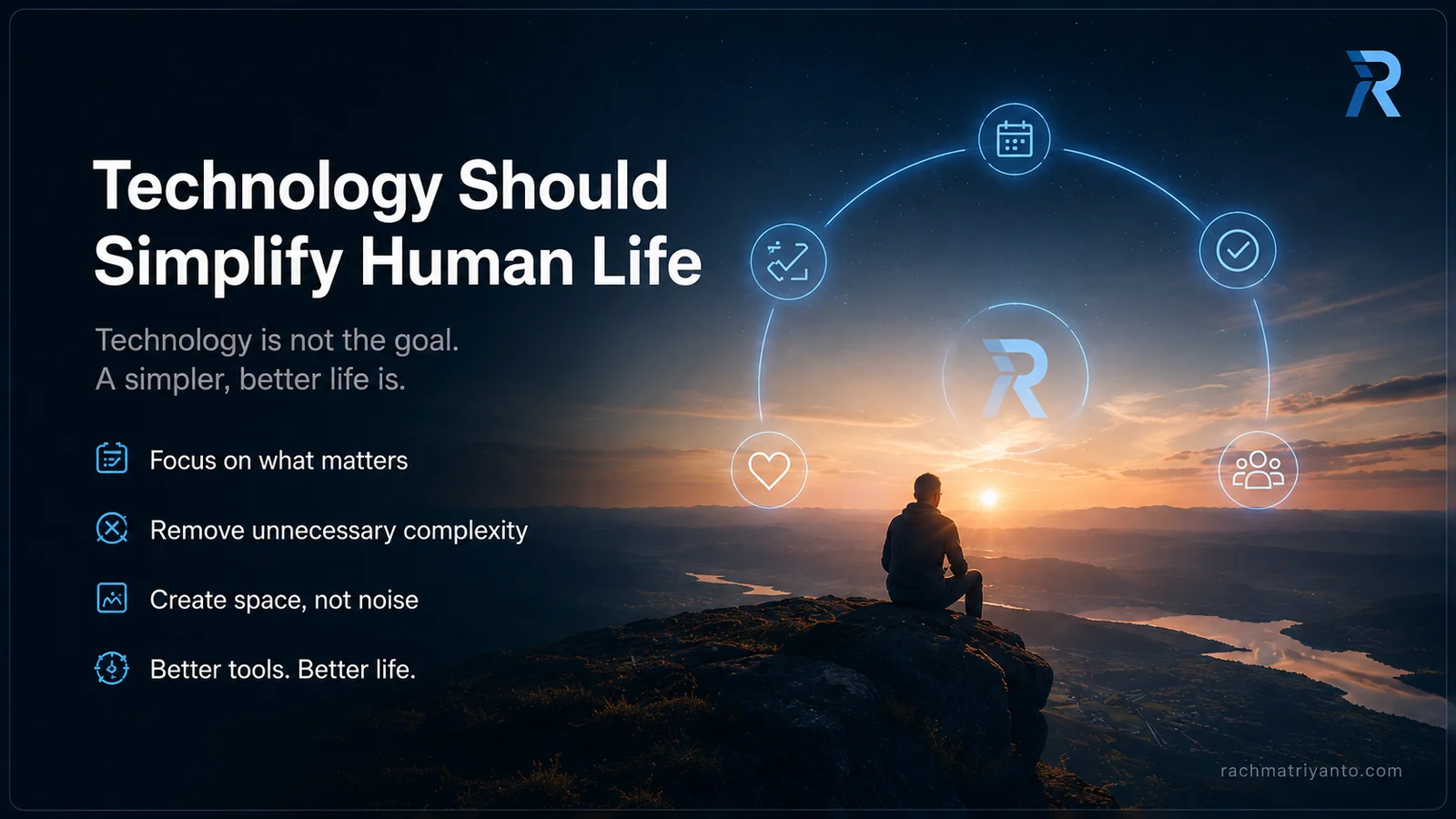 Editorial visual of a person watching a sunrise surrounded by simple technology symbols, representing technology that reduces friction and supports a better human life.